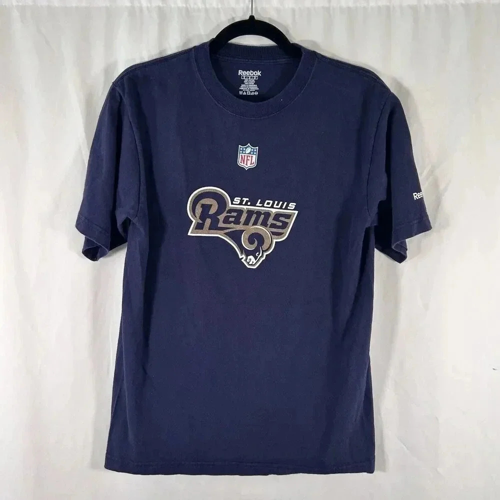 St Louis Rams Reebok Shirt Mens Medium Blue Graphic Print Short Sleeve Crew Neck